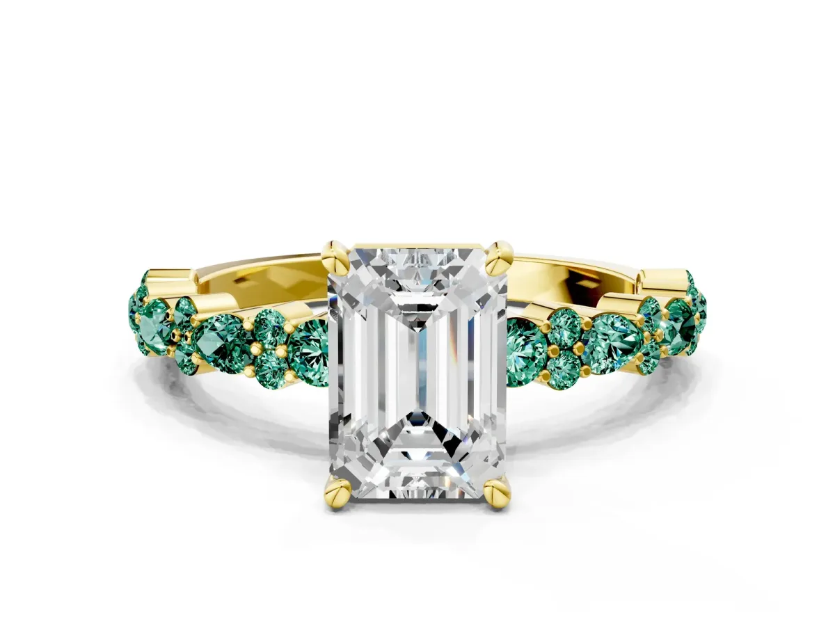 Emerald Cut Diamond Side Stone Solitaire Ring with Round Green Sapphire and Four-Prong Setting Yellow gold