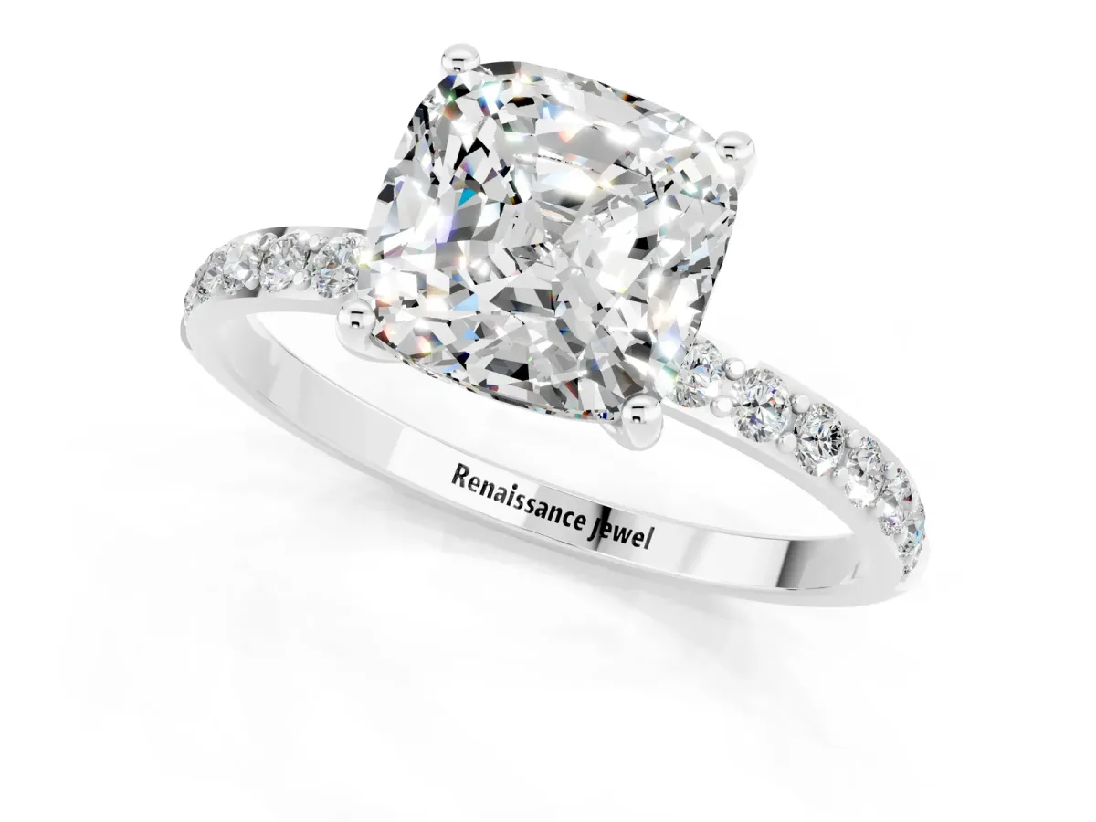 Cushion Cut Moissanite Solitaire Ring with Round Pavé Band and Prong Setting Silver