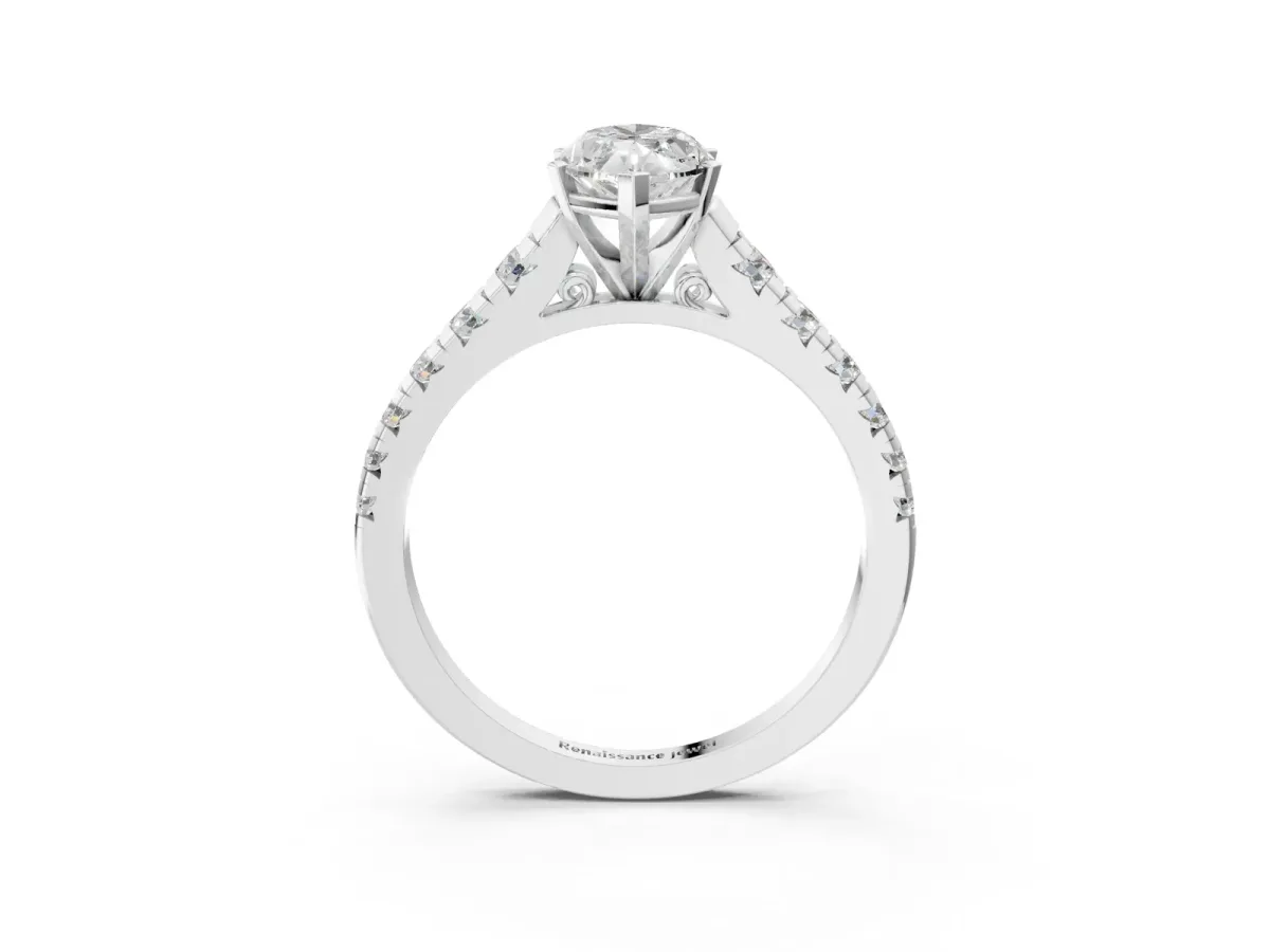 Marquise Cut Diamond Cathedral Solitaire Ring with Round Moissanite Pavé Band White gold