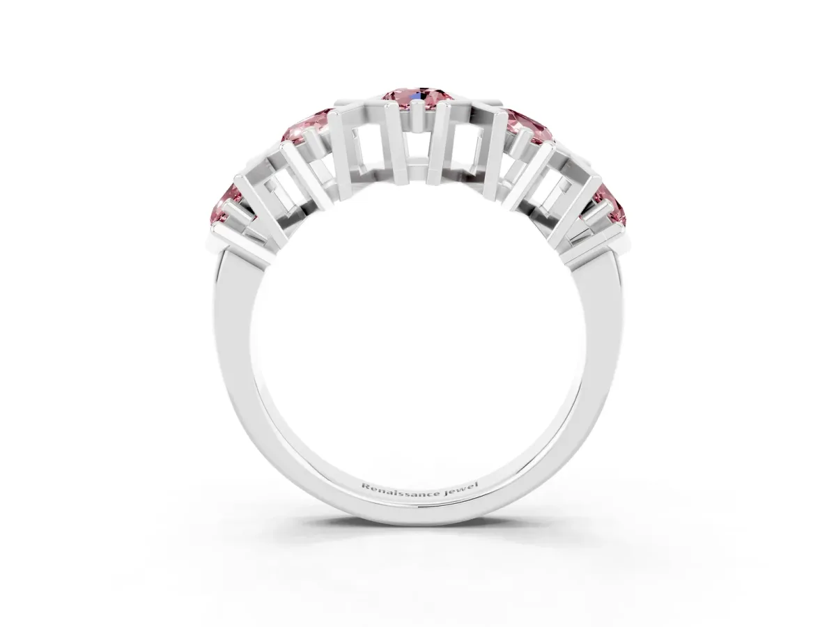 Round Morganite Channel Set Band with X-Prong Detail Silver