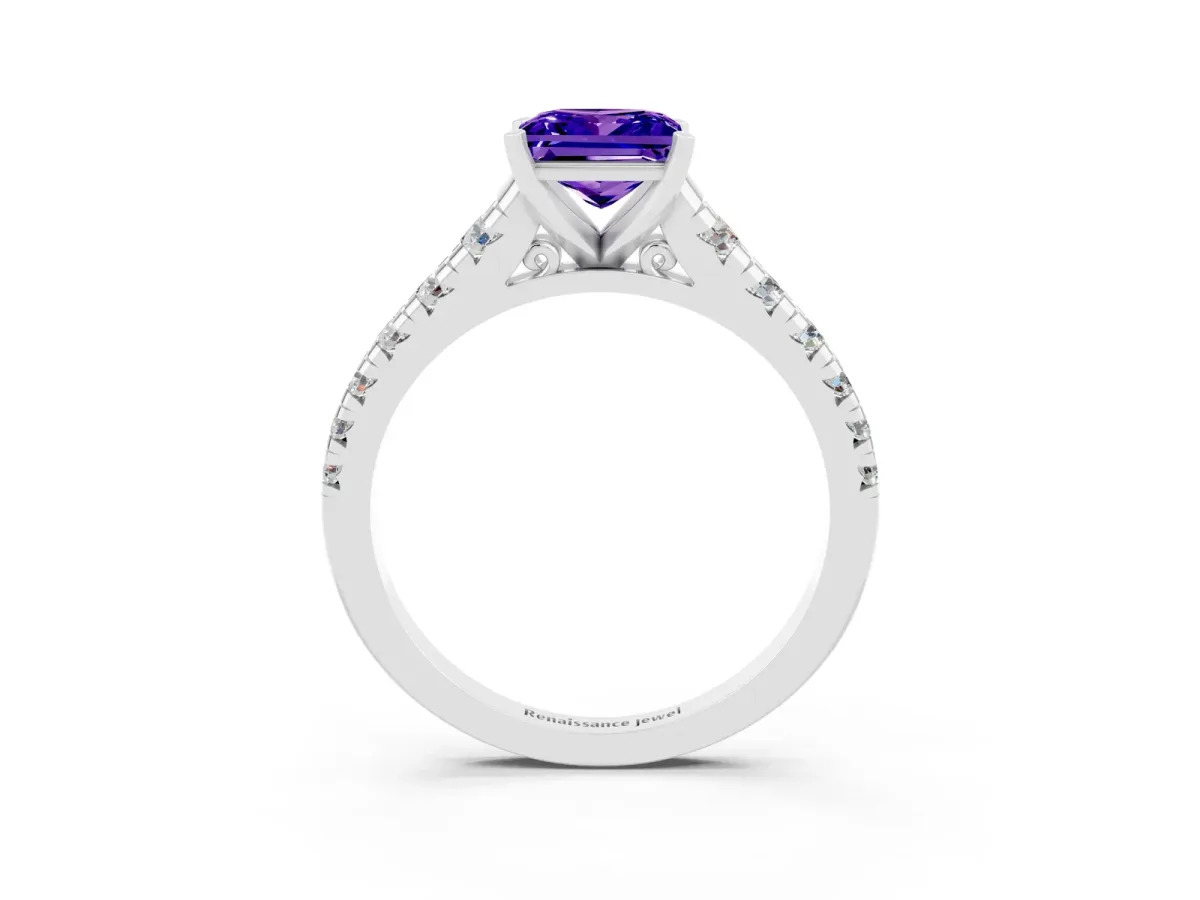 Princess Cut Tanzanite Cathedral Solitaire Ring with Round Pavé Band Silver