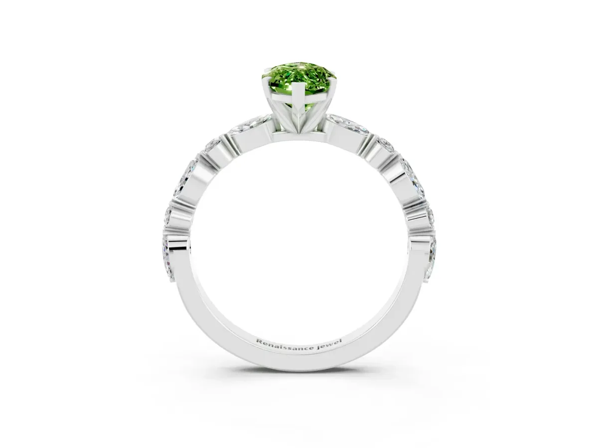Marquise Cut Peridot Ring with Marquise and Round Side Stones and Four-Prong Setting Platinum