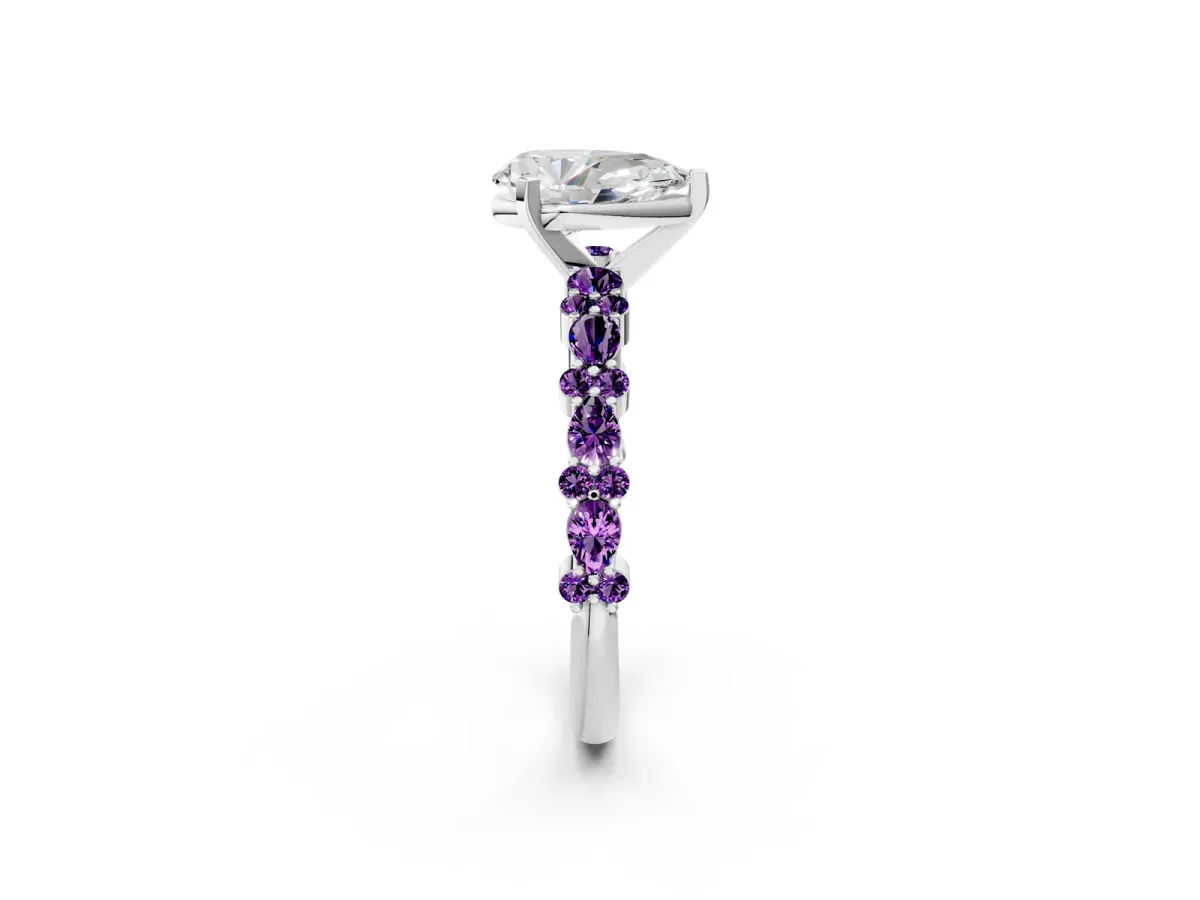 Pear Cut Diamond Side Stone Solitaire Ring with Round Amethyst and Four-Prong Setting Platinum