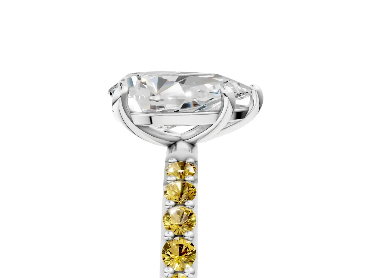 Pear Cut Diamond Solitaire Ring with Round Yellow Sapphire Pavé Band and Prong Setting Platinum