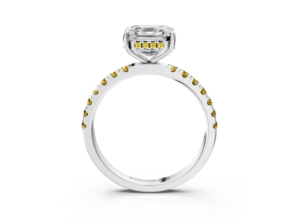 Asscher Cut Diamond Pave Band Solitaire Ring with Round Yellow Sapphire and Prong Setting Platinum