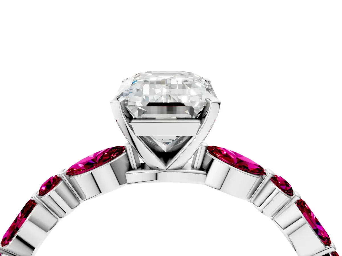 Emerald Cut Diamond Ring with Marquise and Round Garnet Side Stones and Four-Prong Setting Platinum