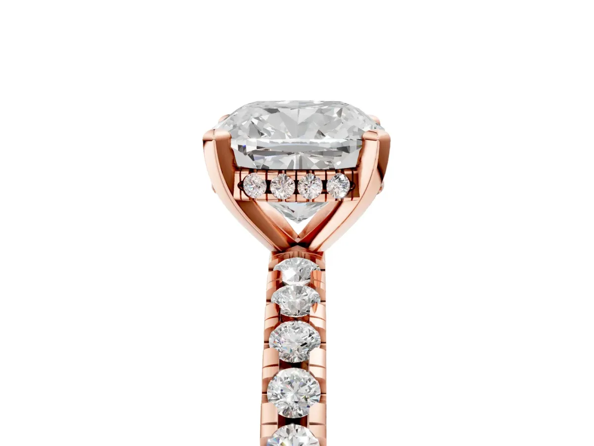 Cushion Cut Diamond Solitaire Ring with Round Pavé Band and Four-Prong Setting Rose gold