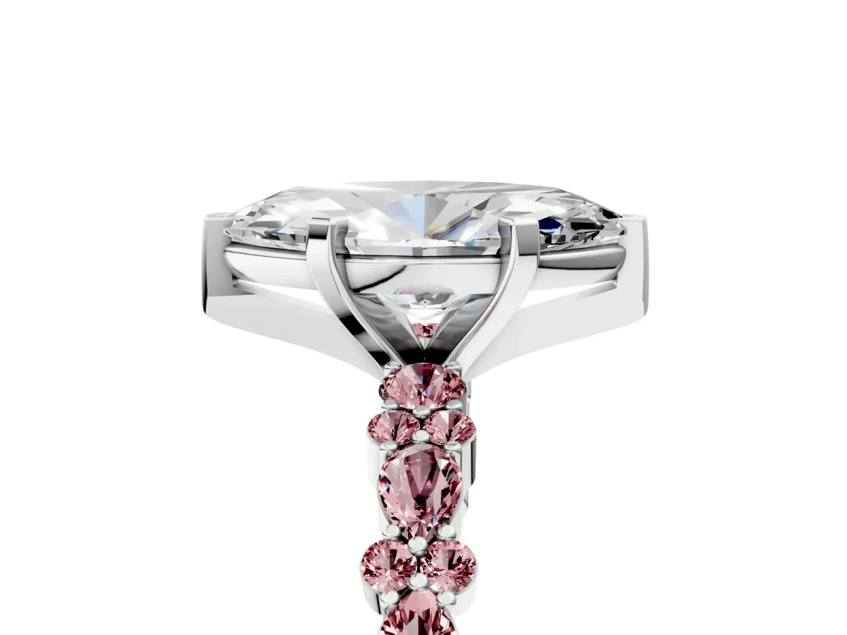 Marquise Cut Diamond Side Stone Solitaire Ring with Round Morganite and Four-Prong Setting Platinum
