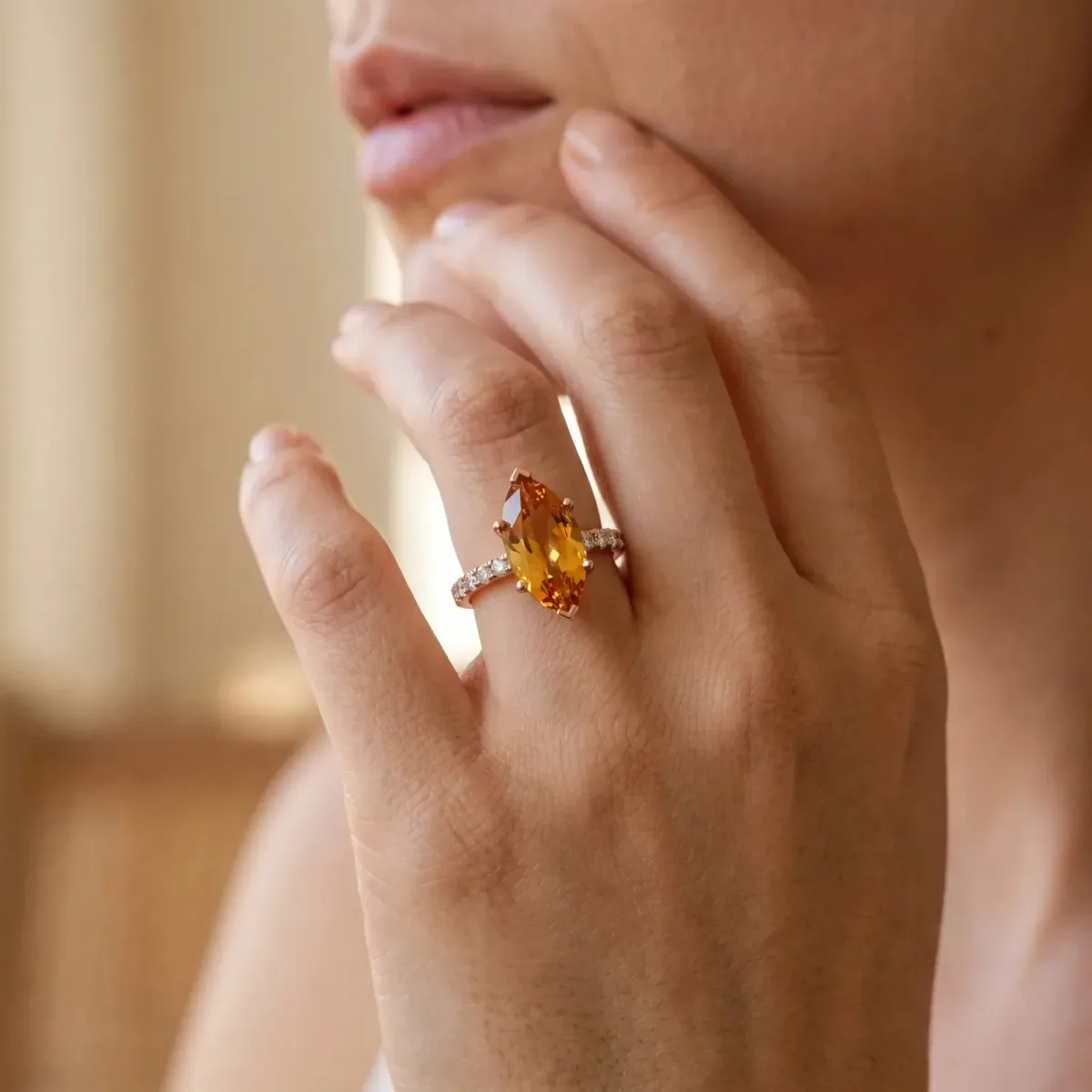Marquise Cut Citrine Solitaire Ring with Round Pavé Band and Four-Prong Setting Rose gold