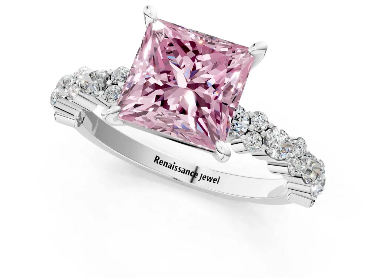Fancy Pink Princess Cut Diamond Side Stone Solitaire Ring with Round and Four-Prong Setting Platinum