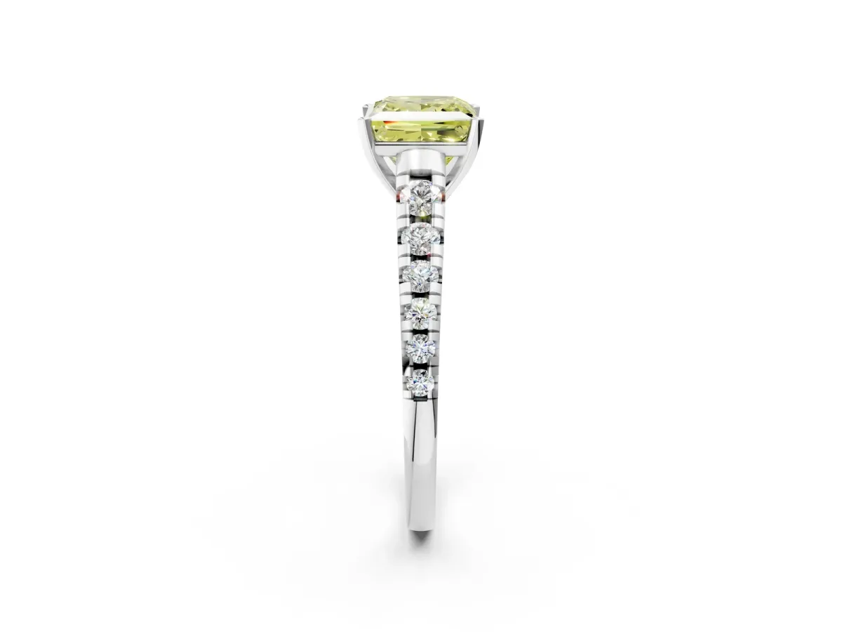 Fancy Yellow Princess Cut Diamond Cathedral Solitaire Ring with Round Pavé Band Platinum