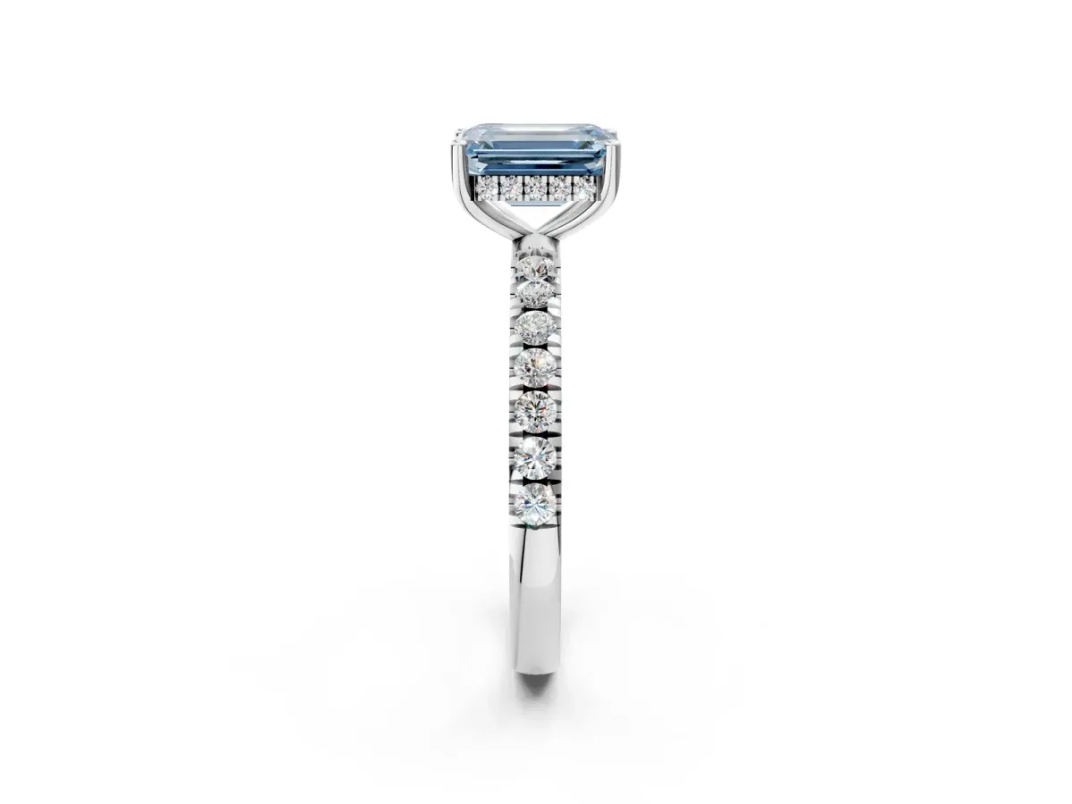 Fancy Blue Emerald Cut Diamond Pave Band Solitaire Ring with Round and Prong Setting Silver