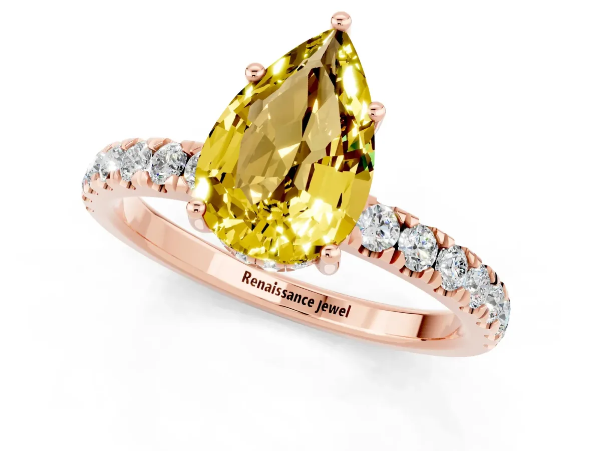 Pear Cut Yellow Sapphire Pave Band Solitaire Ring with Round and Prong Setting Rose gold