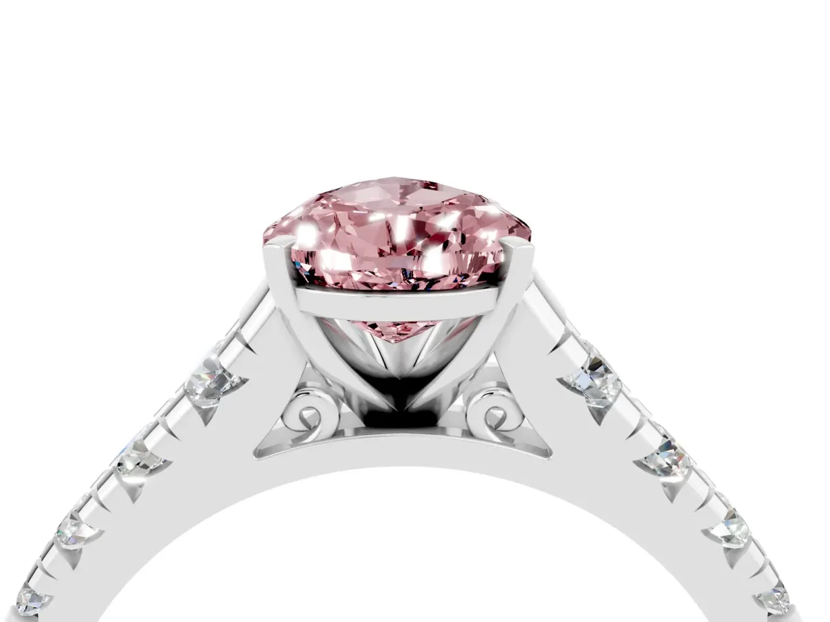 Pear Cut Morganite Cathedral Solitaire Ring with Round Pavé Band White gold