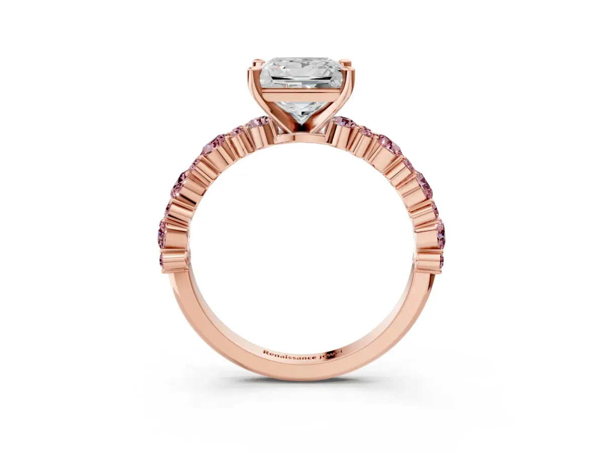 Princess Cut Diamond Side Stone Solitaire Ring with Round Morganite and Four-Prong Setting Rose gold