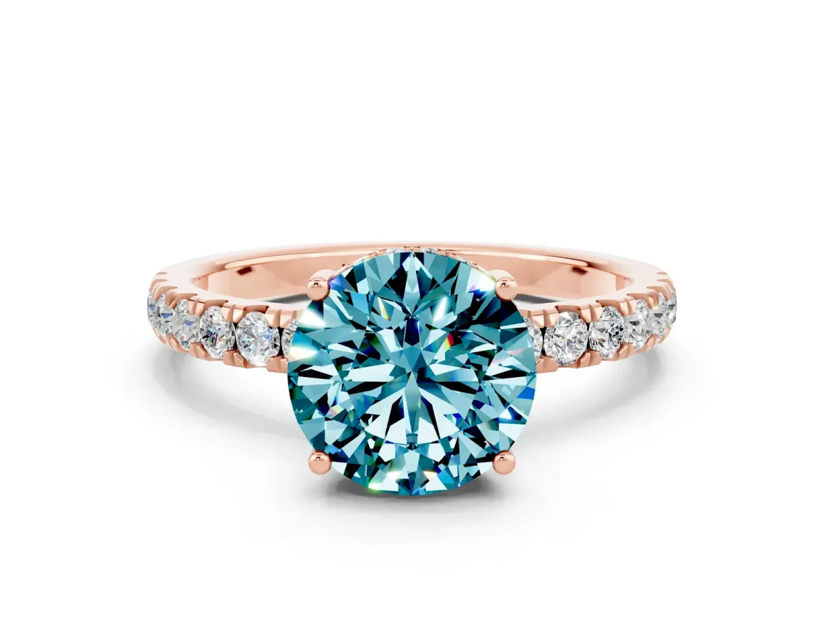 Round Cut Blue Topaz Pave Band Solitaire Ring with Round and Prong Setting Rose gold