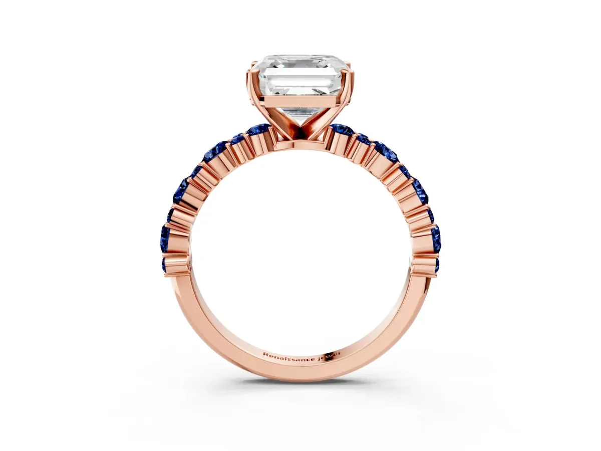 Asscher Cut Diamond Side Stone Solitaire Ring with Round Blue Sapphire and Four-Prong Setting Rose gold