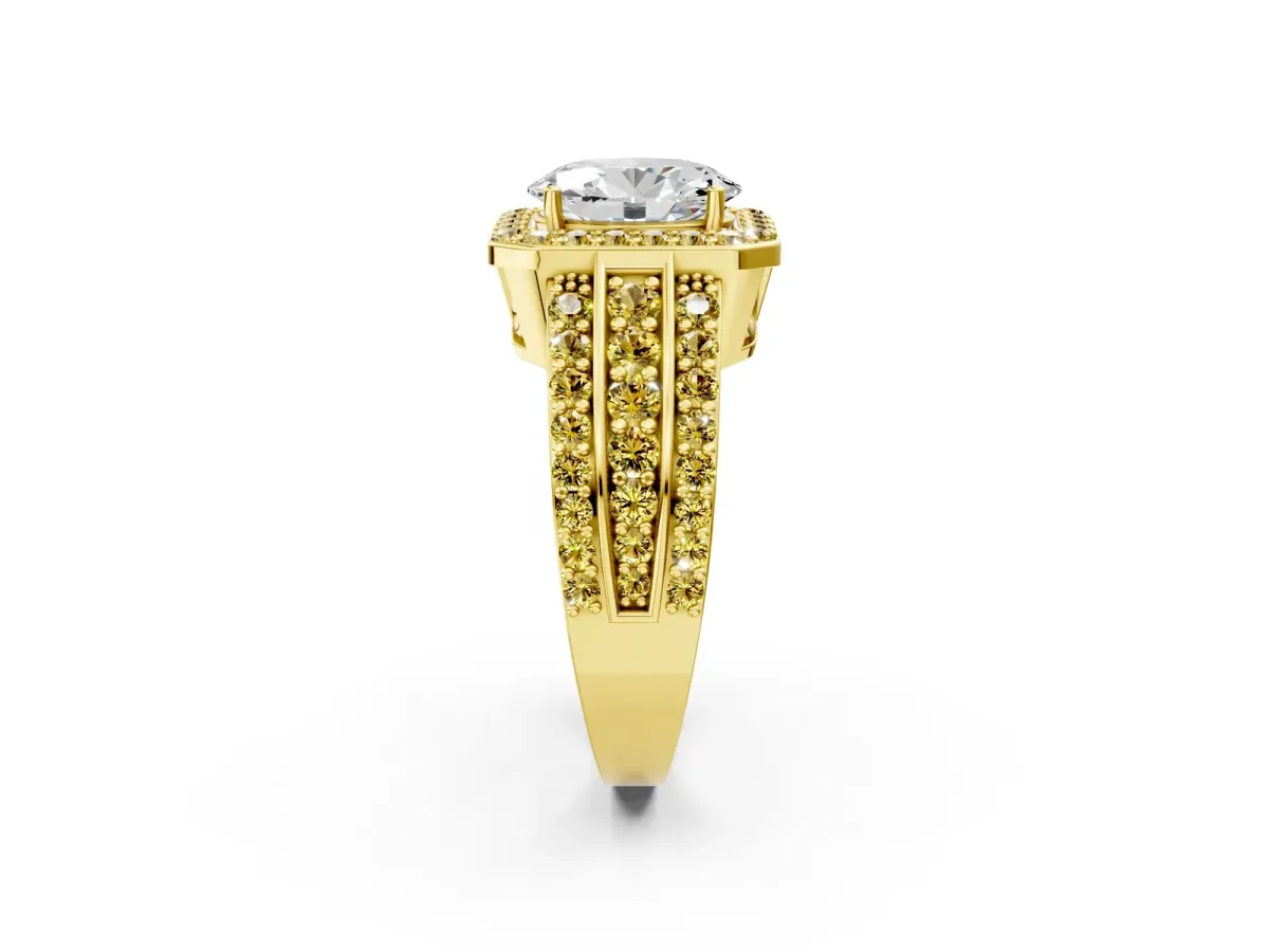 Oval Cut Halo Diamond Ring with Round Yellow Sapphire Split Shank and Prong Setting Yellow gold