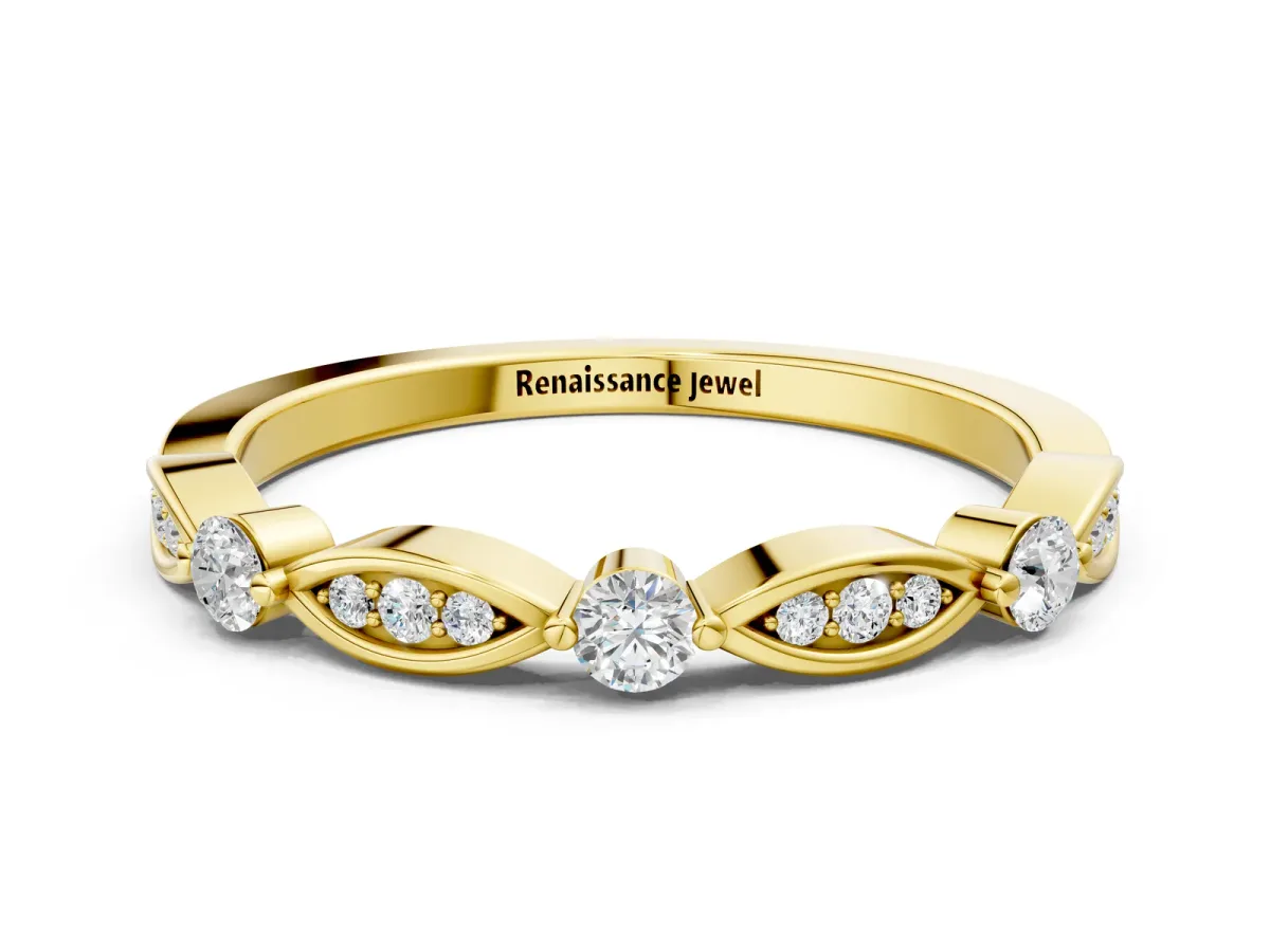 Marquise and Round Diamond Milgrain Band with Bezel Setting Yellow gold