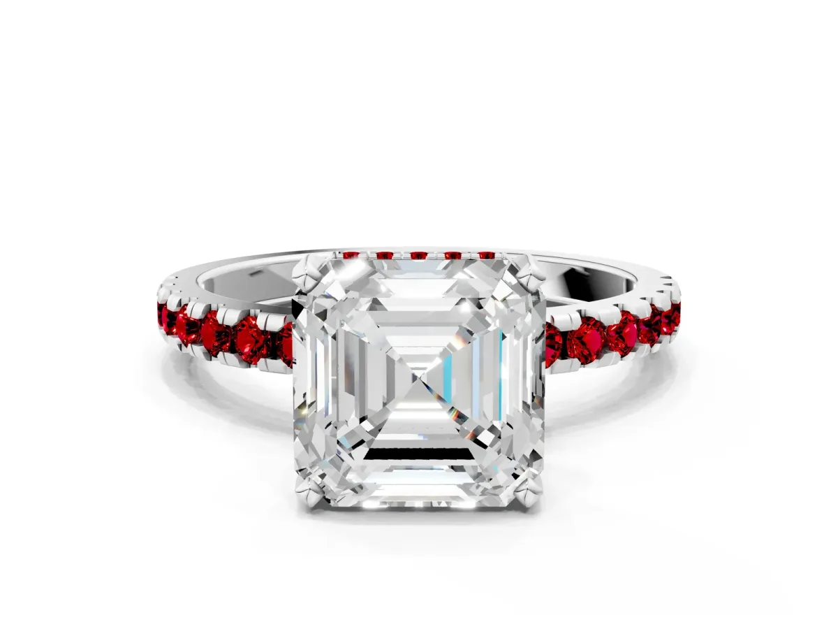 Asscher Cut Diamond Solitaire Ring with Round Ruby Pavé Band and Four-Prong Setting Silver