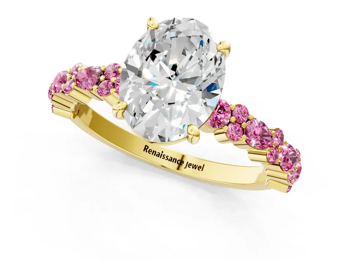 Oval Cut Diamond Side Stone Solitaire Ring with Round Pink Sapphire and Four-Prong Setting Yellow gold