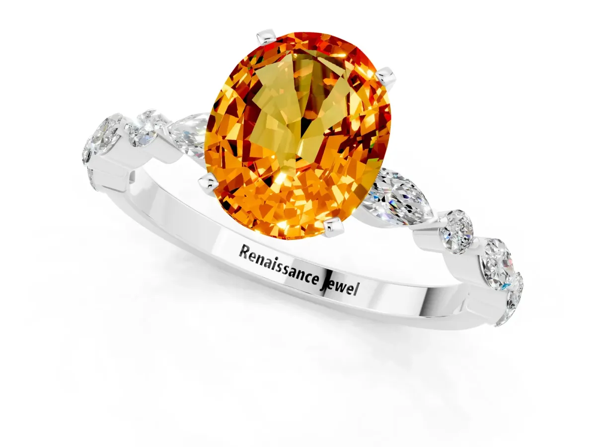 Oval Cut Citrine Ring with Marquise and Round Side Stones and Four-Prong Setting Silver