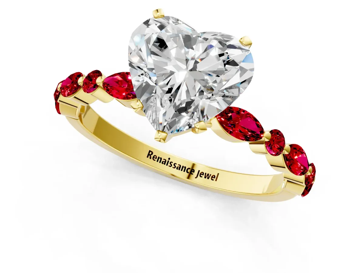 Heart Cut Diamond Ring with Marquise and Round Ruby Side Stones and Four-Prong Setting Yellow gold