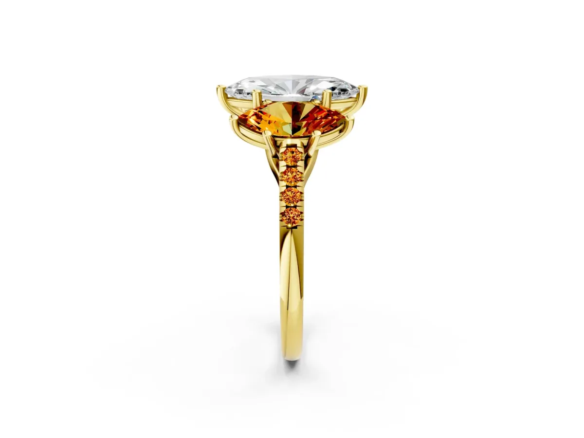 Three-Stone Marquise Cut Diamond Ring with Round Citrine Pavé Band and Prong Setting Yellow gold