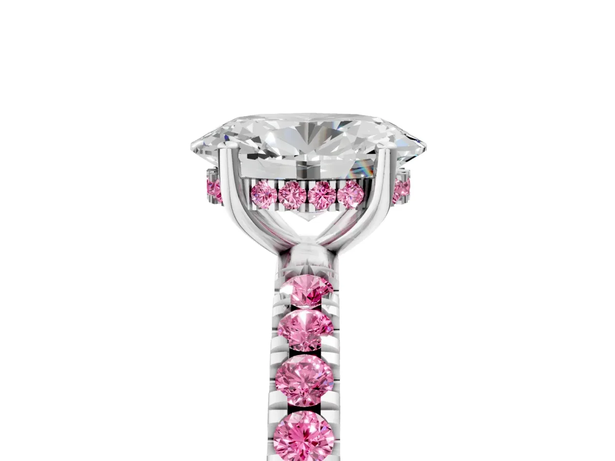 Oval Cut Diamond Pave Band Solitaire Ring with Round Pink Sapphire and Prong Setting Platinum