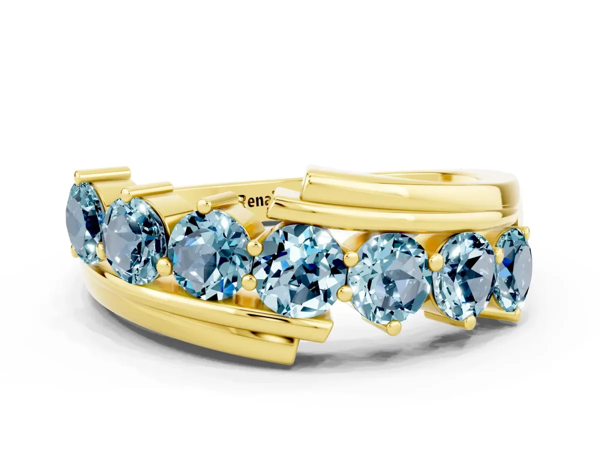 Round Aquamarine Wave Band with Channel and Shared Prong Setting Yellow gold