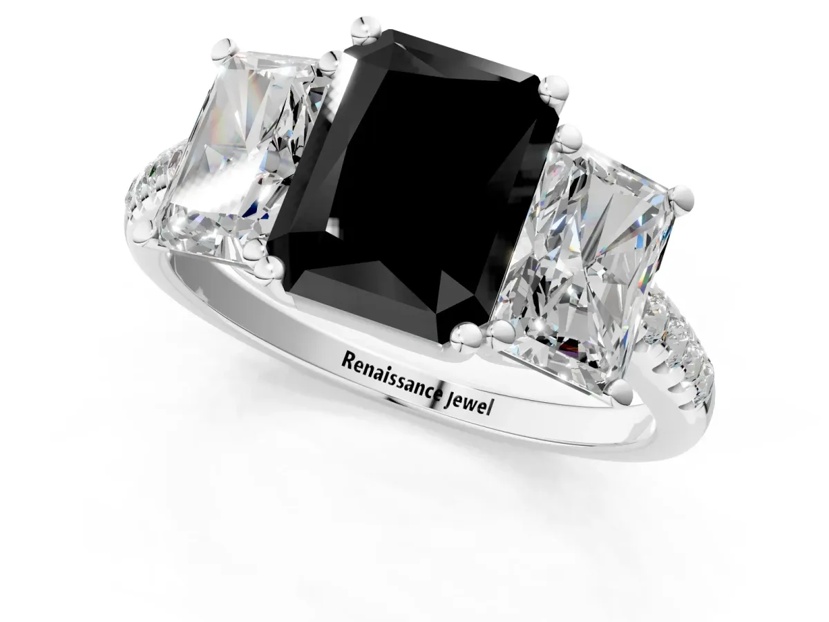 Fancy Black Three-Stone Radiant Cut Diamond Ring with Round Pavé Band and Prong Setting White gold