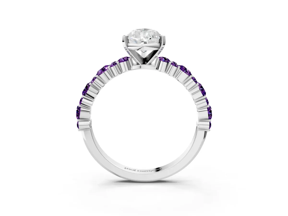 Pear Cut Diamond Side Stone Solitaire Ring with Round Amethyst and Four-Prong Setting Platinum