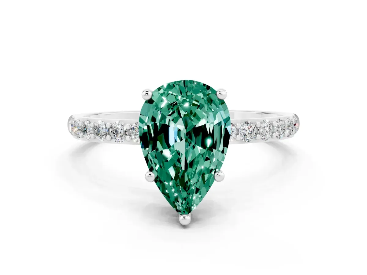 Pear Cut Green Sapphire Solitaire Ring with Round Pavé Band and Prong Setting Platinum