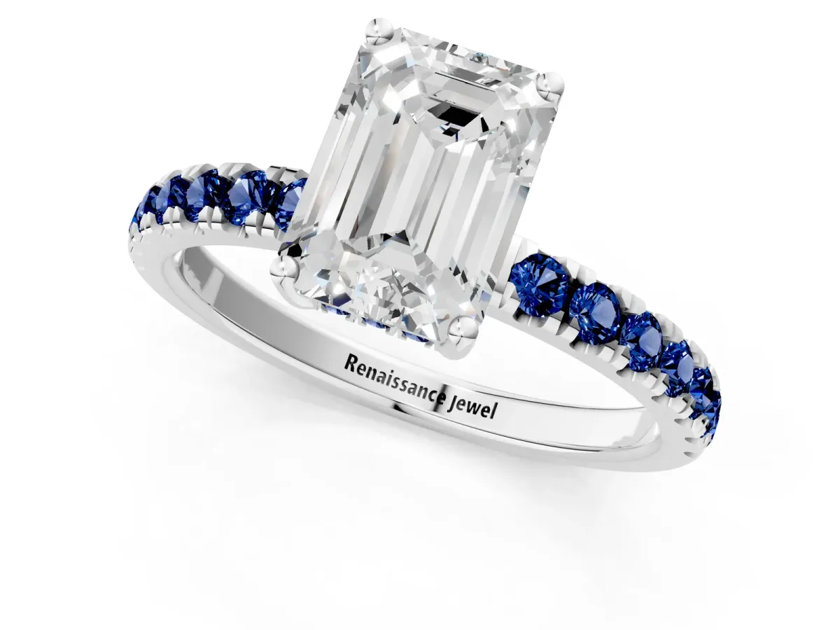 Emerald Cut Diamond Pave Band Solitaire Ring with Round Blue Sapphire and Prong Setting White gold