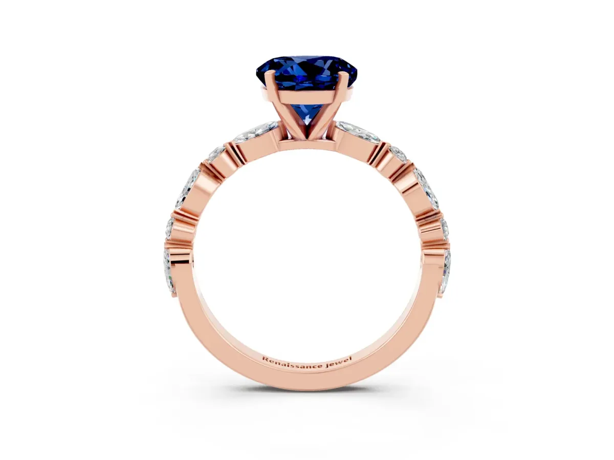 Round Cut Blue Sapphire Ring with Marquise and Round Side Stones and Four-Prong Setting Rose gold