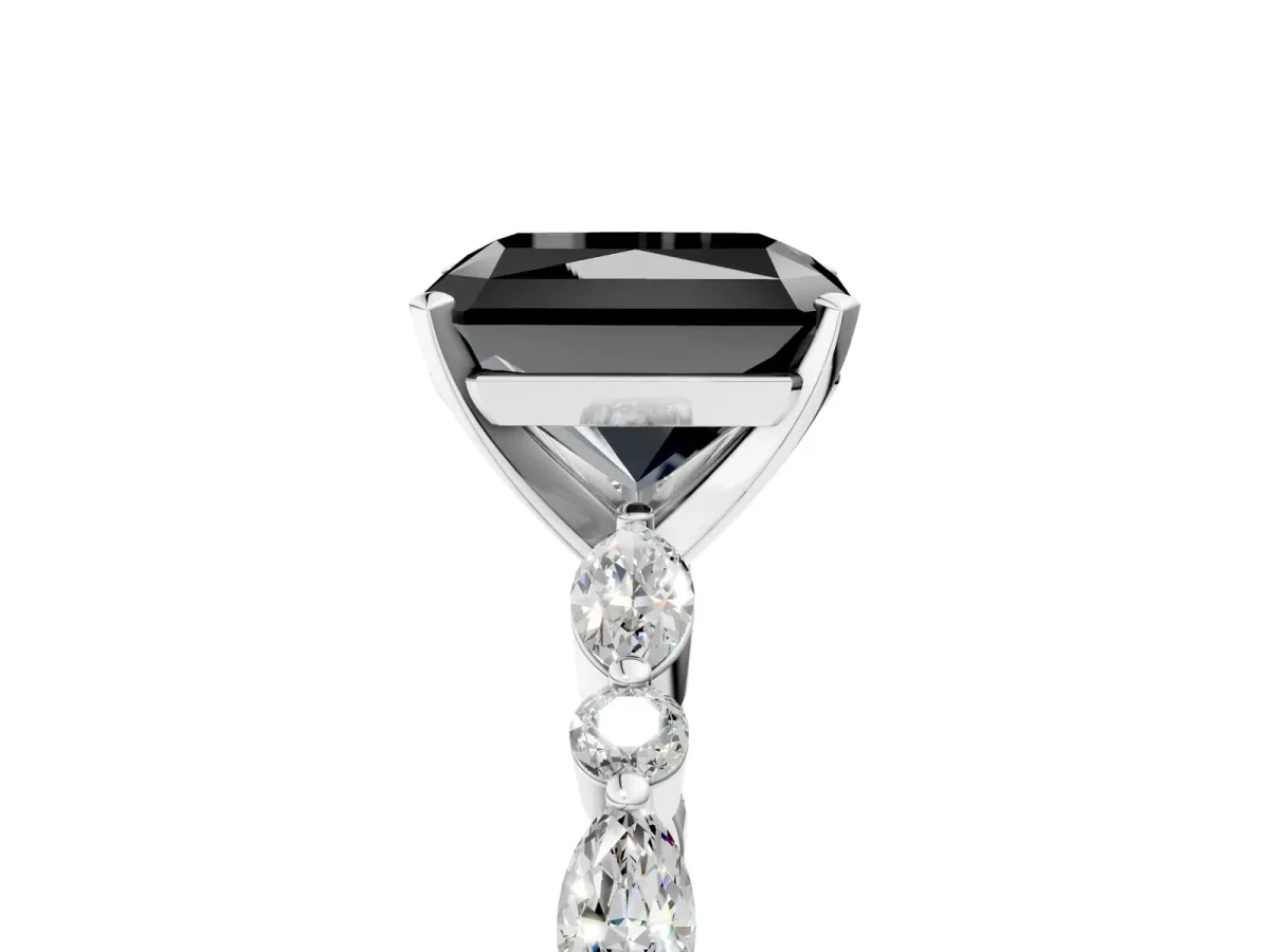 Fancy Black Radiant Cut Diamond Ring with Marquise and Round Side Stones and Four-Prong Setting Silver