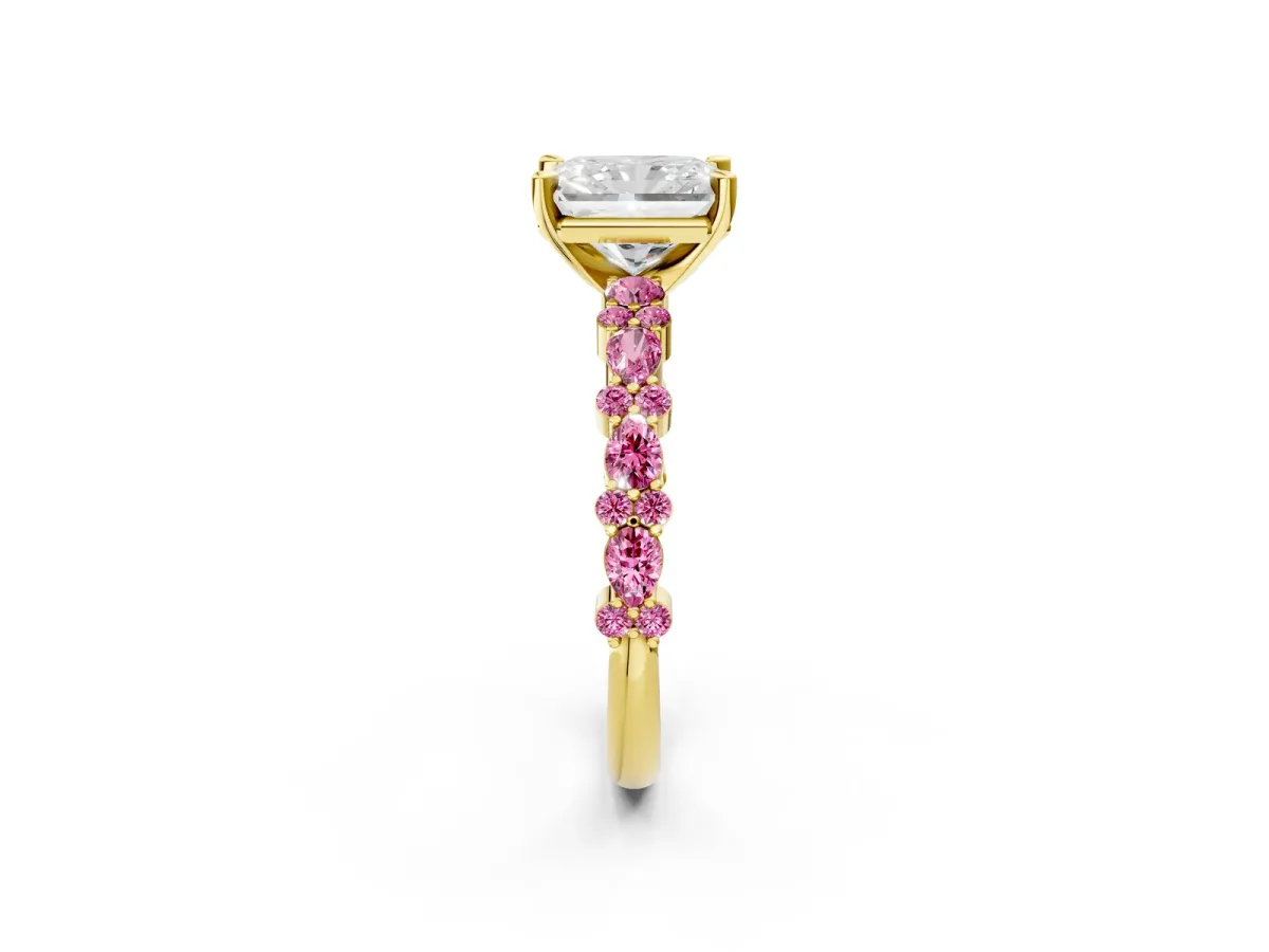 Radiant Cut Diamond Side Stone Solitaire Ring with Round Pink Sapphire and Four-Prong Setting Yellow gold
