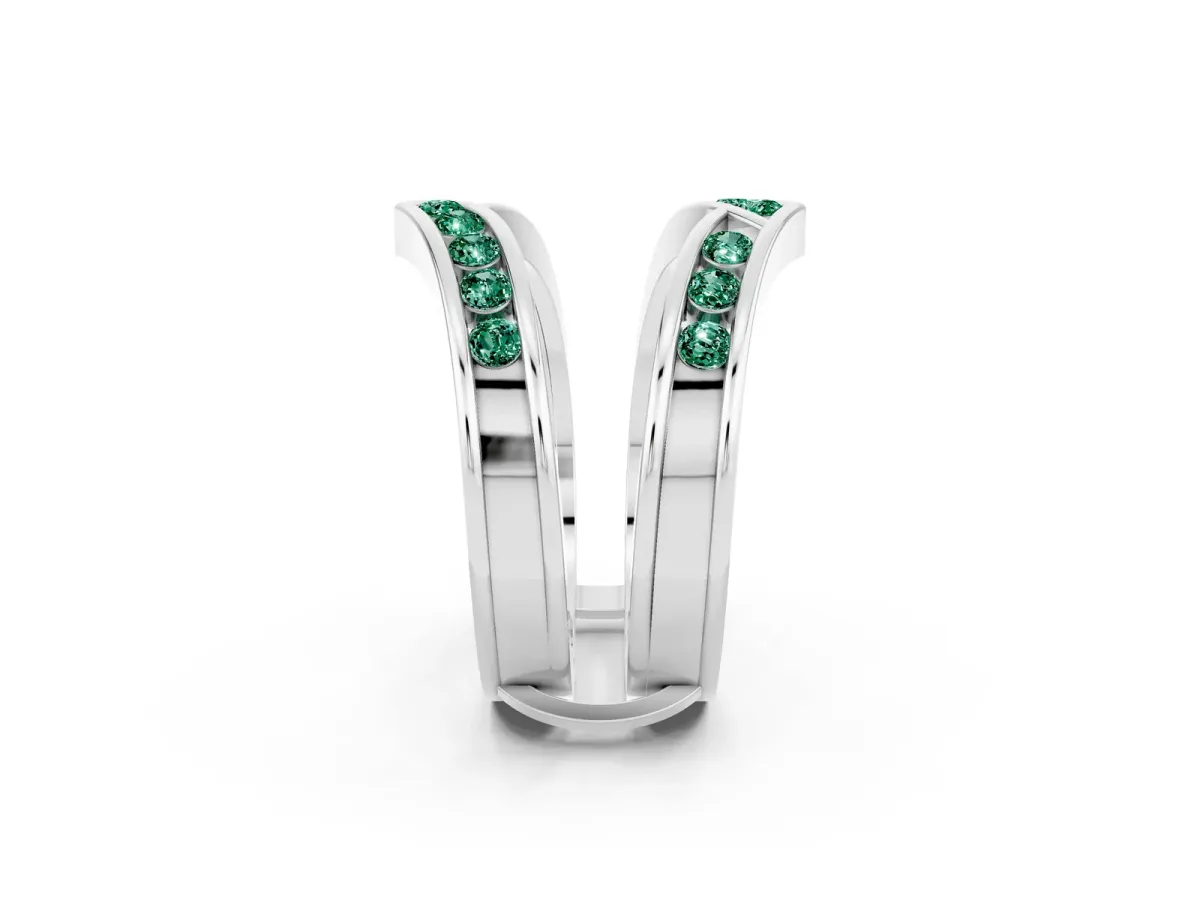 Round Green Sapphire Channel-Set Chevron Band White gold
