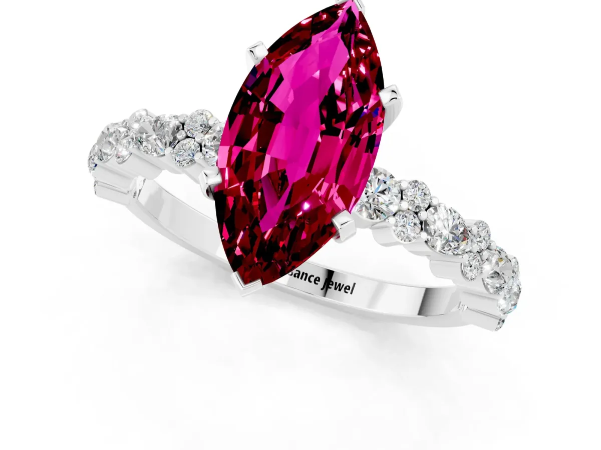 Marquise Cut Garnet Side Stone Solitaire Ring with Round and Four-Prong Setting White gold