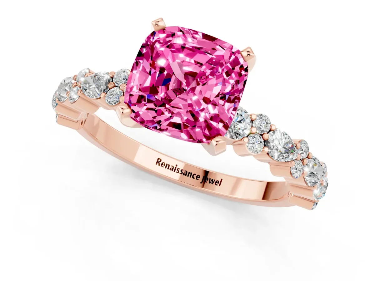 Cushion Cut Pink Sapphire Side Stone Solitaire Ring with Round and Four-Prong Setting Rose gold