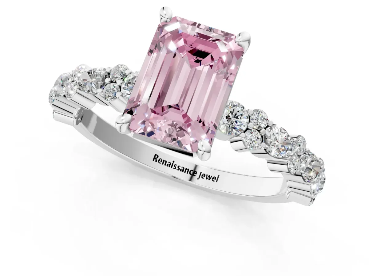 Fancy Pink Emerald Cut Diamond Side Stone Solitaire Ring with Round and Four-Prong Setting White gold