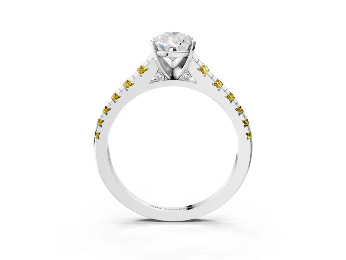 Pear Cut Diamond Cathedral Solitaire Ring with Round Yellow Sapphire Pavé Band Silver