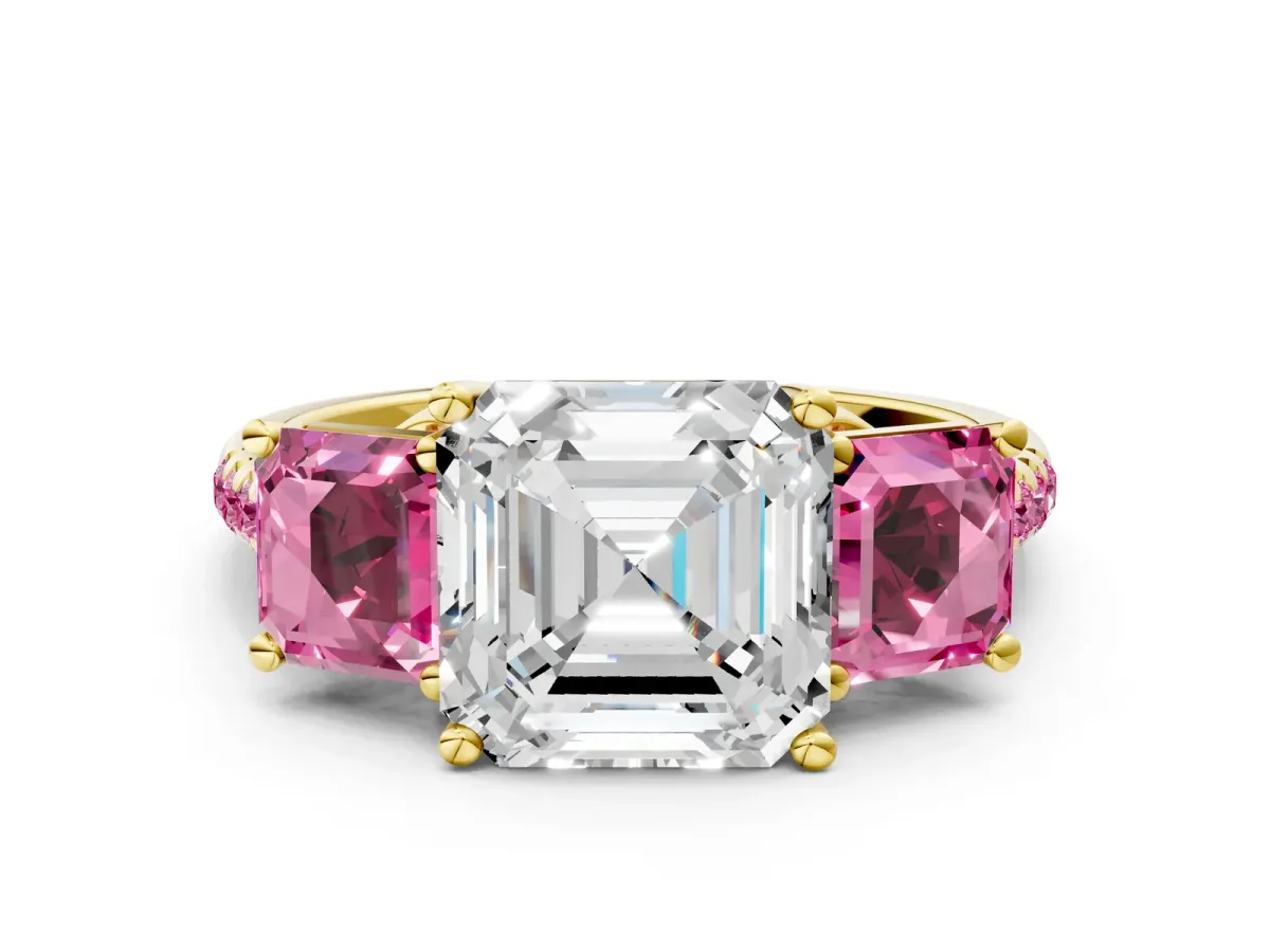 Three-Stone Asscher Cut Diamond Ring with Round Pink Sapphire Pavé Band and Prong Setting Yellow gold