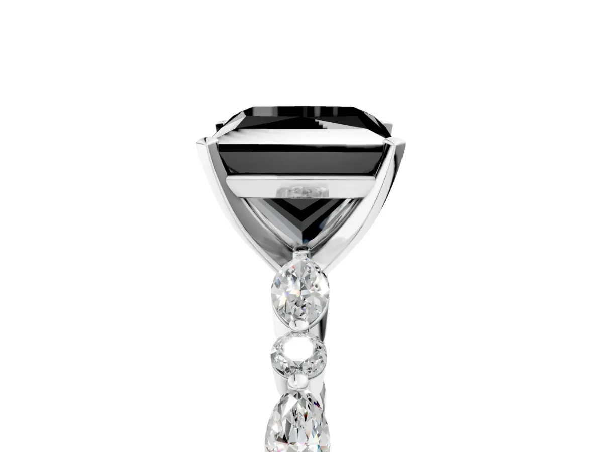 Fancy Black Princess Cut Diamond Ring with Marquise and Round Side Stones and Four-Prong Setting Silver