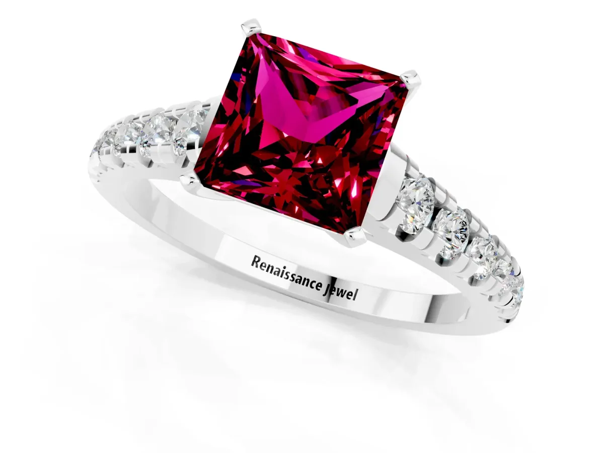 Princess Cut Garnet Cathedral Solitaire Ring with Round Pavé Band Platinum
