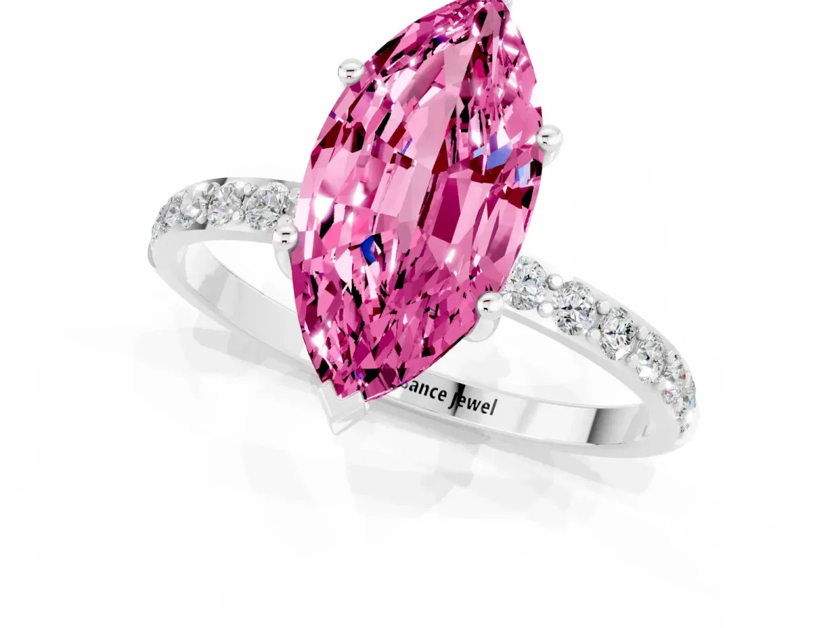 Marquise Cut Pink Sapphire Solitaire Ring with Round Pavé Band and Prong Setting Platinum