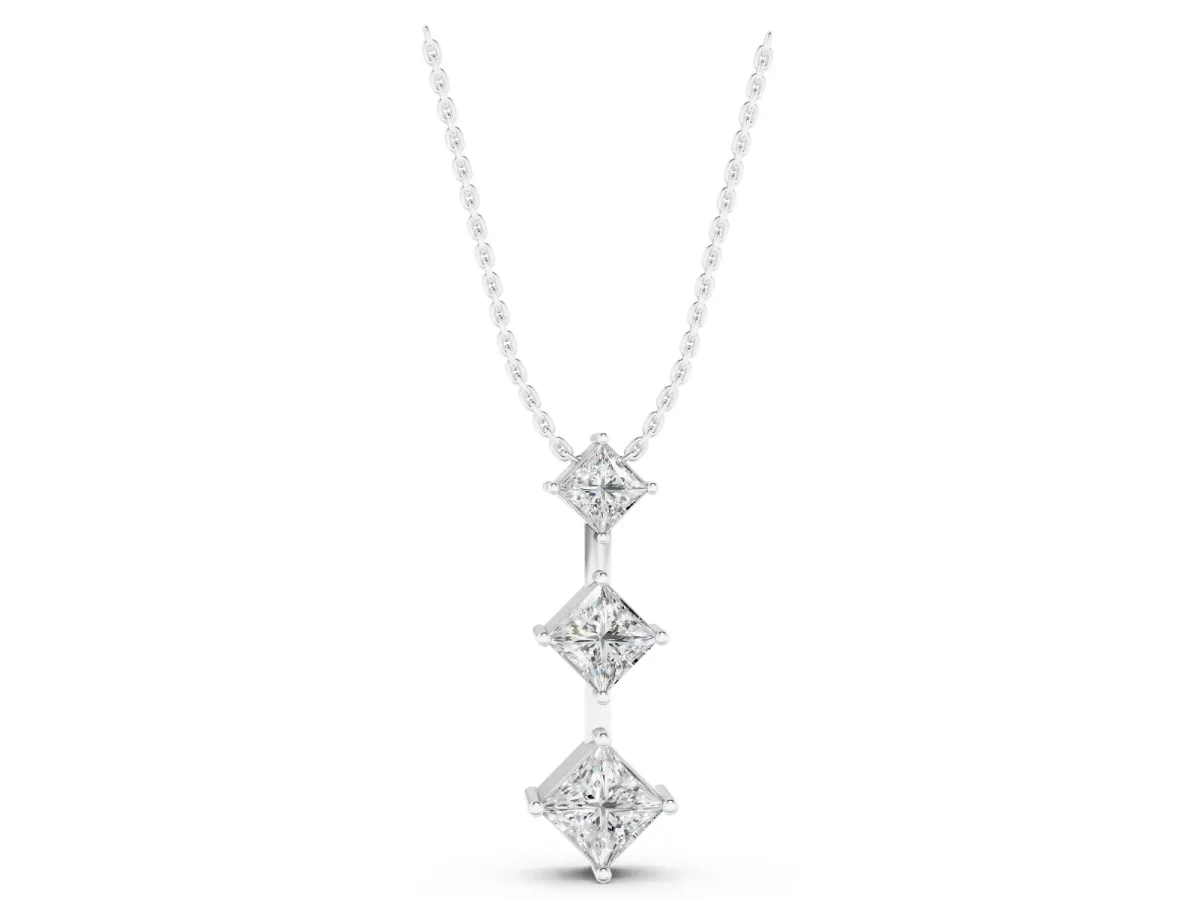 Three-Stone Princess Cut Diamond Pendant with Four-Prong Setting White gold