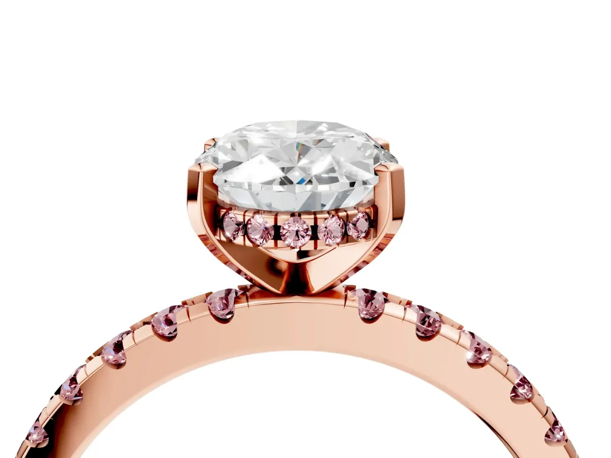 Oval Cut Diamond Solitaire Ring with Round Morganite Pavé Band and Four-Prong Setting Rose gold