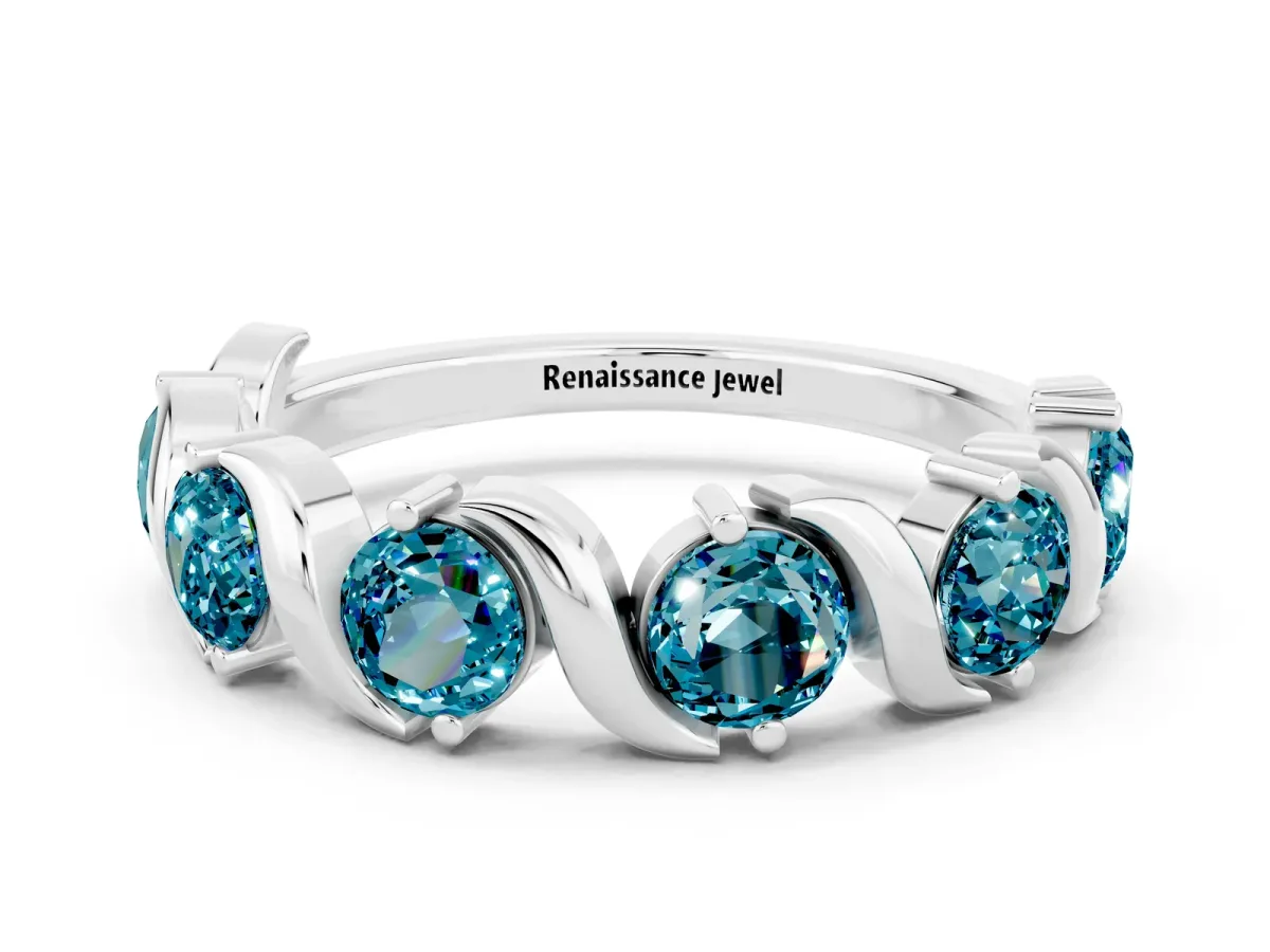 Round Blue Topaz Half Eternity Band with Wave Prong Setting White gold
