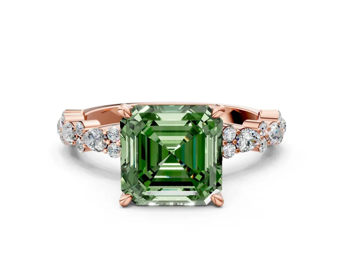 Fancy Green Asscher Cut Diamond Side Stone Solitaire Ring with Round and Four-Prong Setting Rose gold